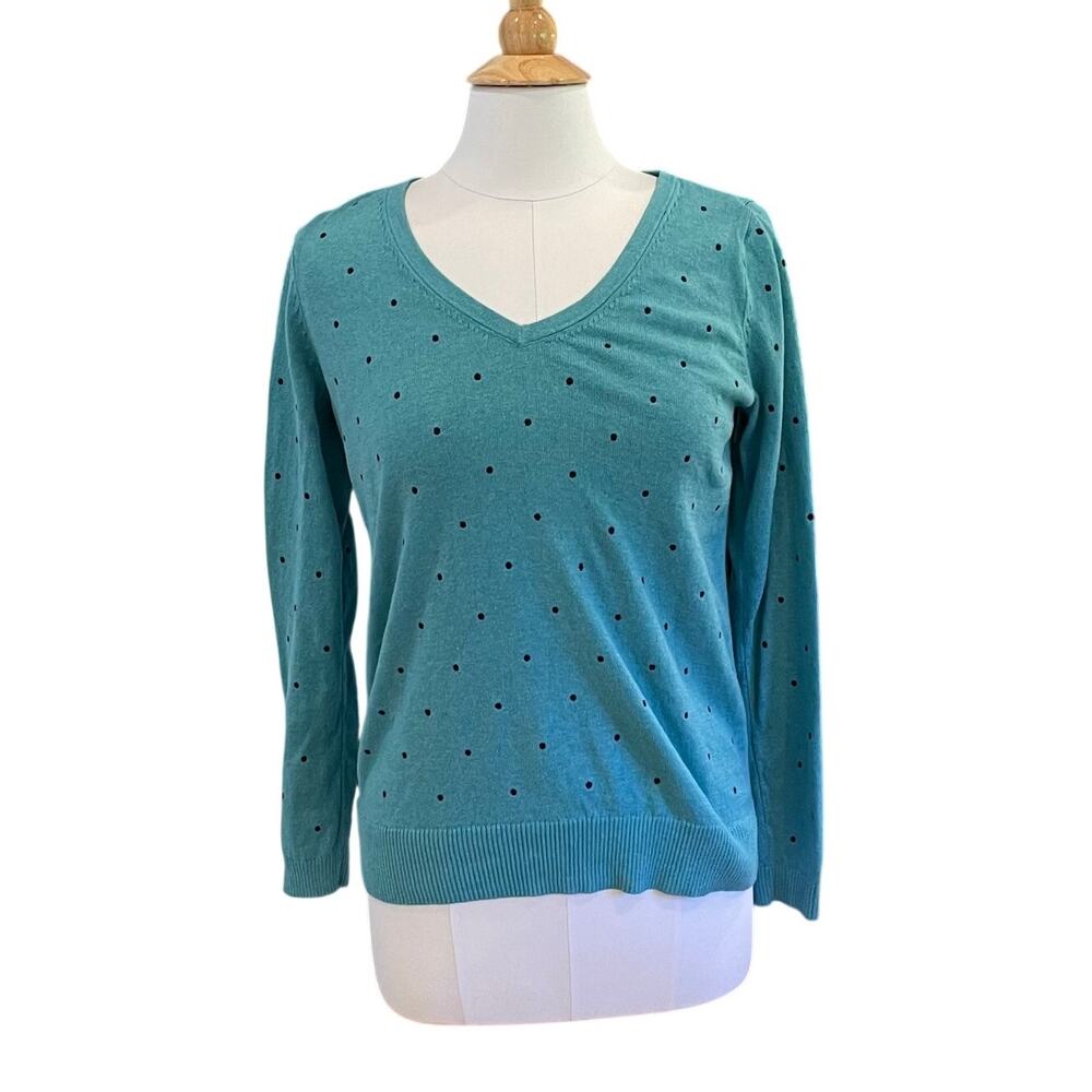 J. Jill Aqua Blue Polka Dot Sweater, Long Sleeve, V-Neck, Lightweight, Sz S Tall
